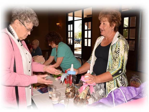 Pam Rodgers, Baby Shower Chair, staffs the donations table at the February meeting.